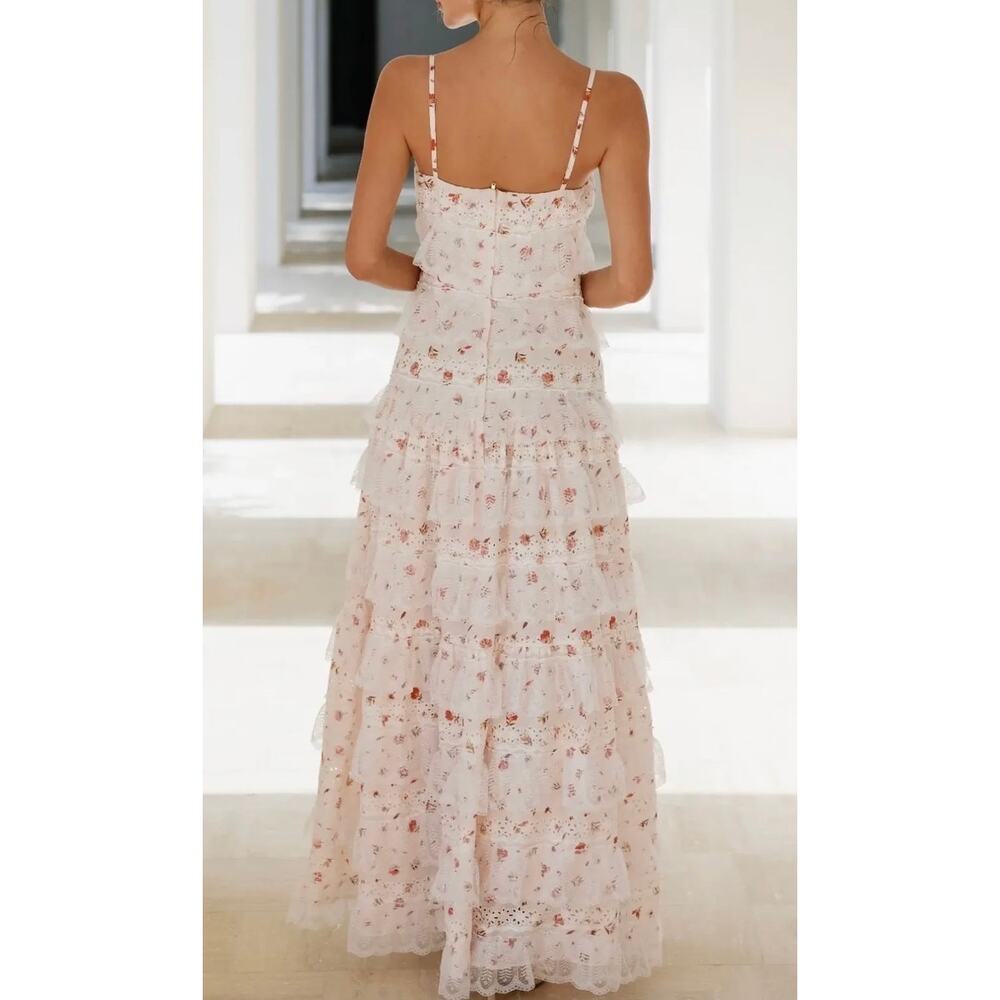 Anne Louise Boutique Maxi Dress Lovette Pink & Cream Floral Lace Tiered - Picture 5 of 12